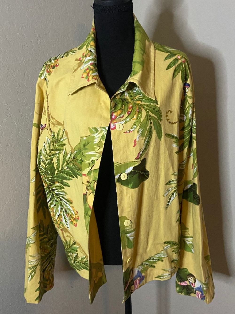 Gaudy Couture Yellow Monkey Botanical Palm Print Canvas Jacket 1X